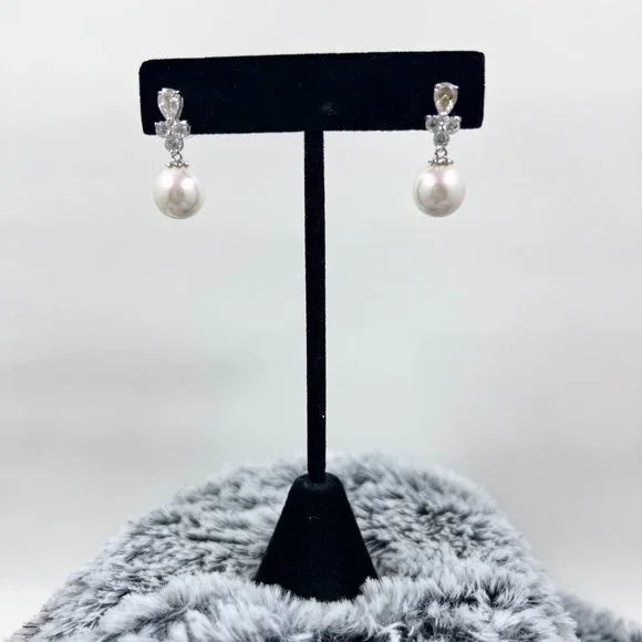 White 14K and Sterling Silver CZ Drop Faux Pearl Earrings - Picture 2 of 6